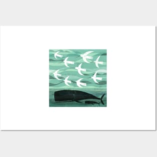 Whale and baby with flying birds Posters and Art